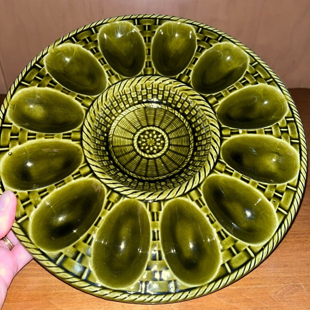 Vintage Green Ceramic Deviled Eggs Plate